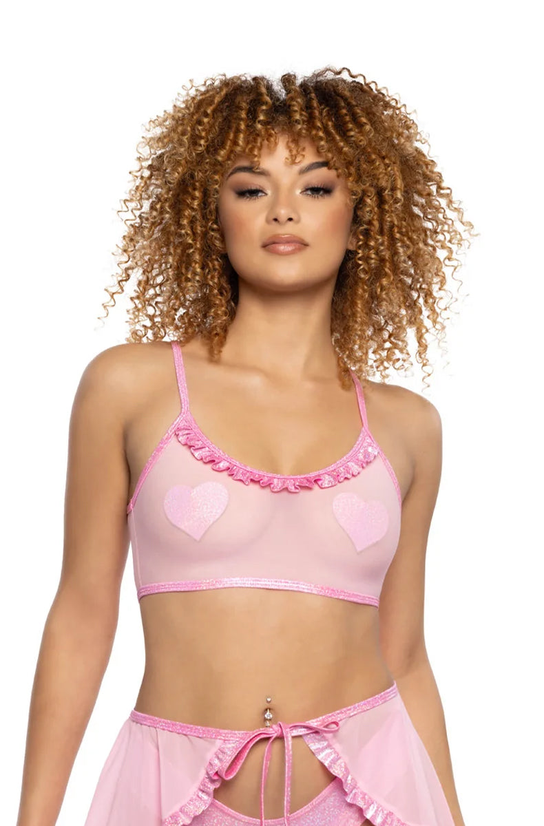 Model wearing sheer baby pink stretch mesh tank with bubblegum pink ruffle neckline