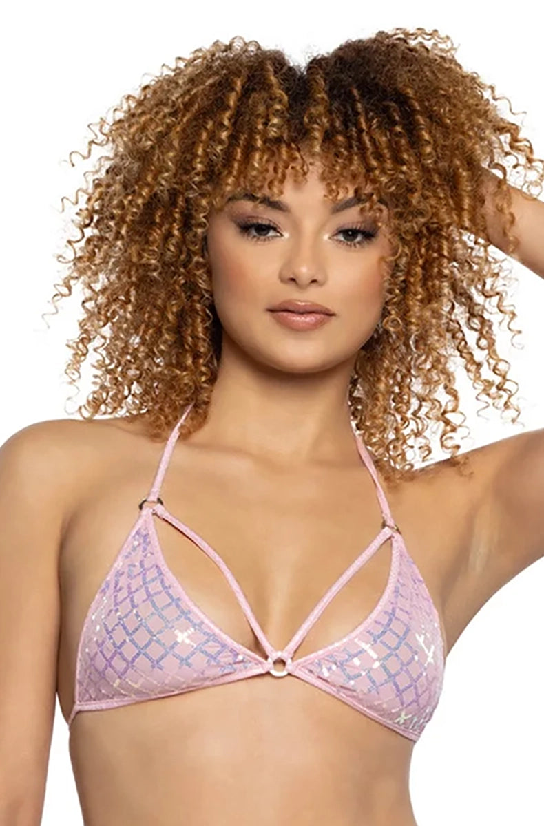 Model wearing baby pink halter triangle bralette with iridescent sequin lattice pattern