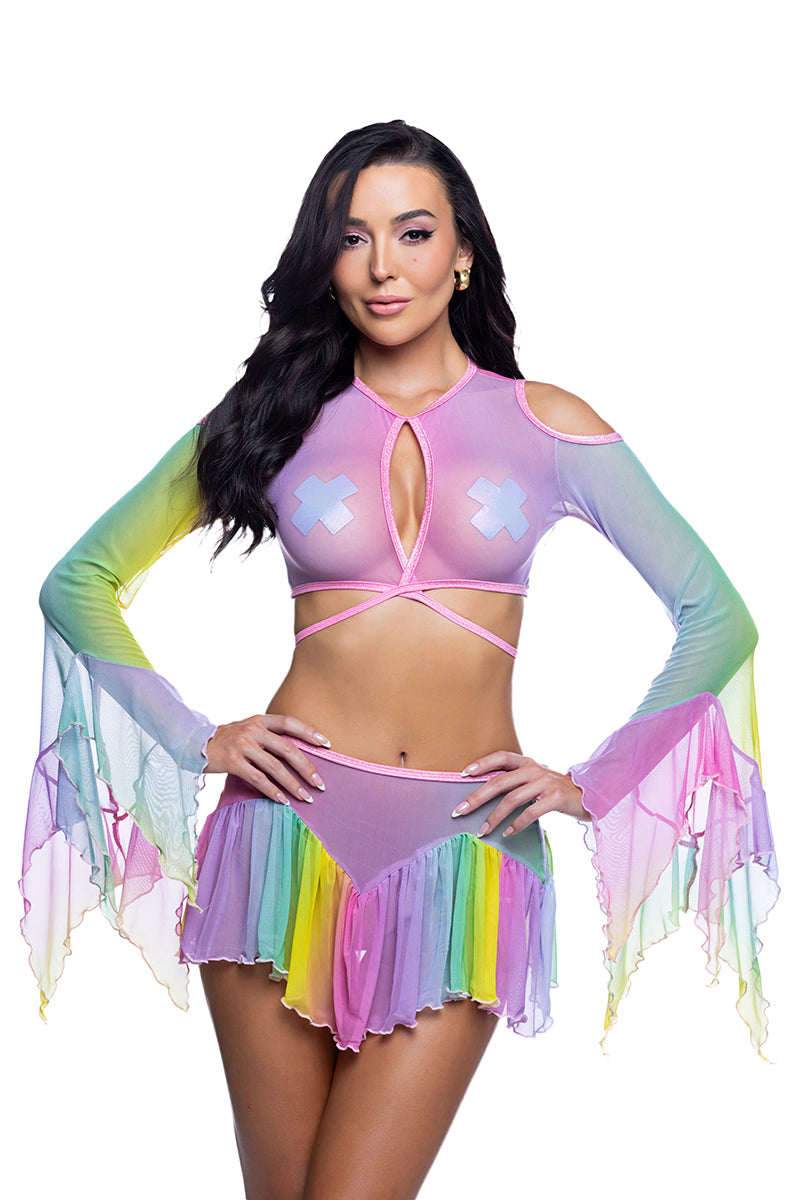 Front view of pastel rainbow mesh 2-piece: bell-sleeve crop top with criss-cross ties and tie-waist handkerchief skirt.