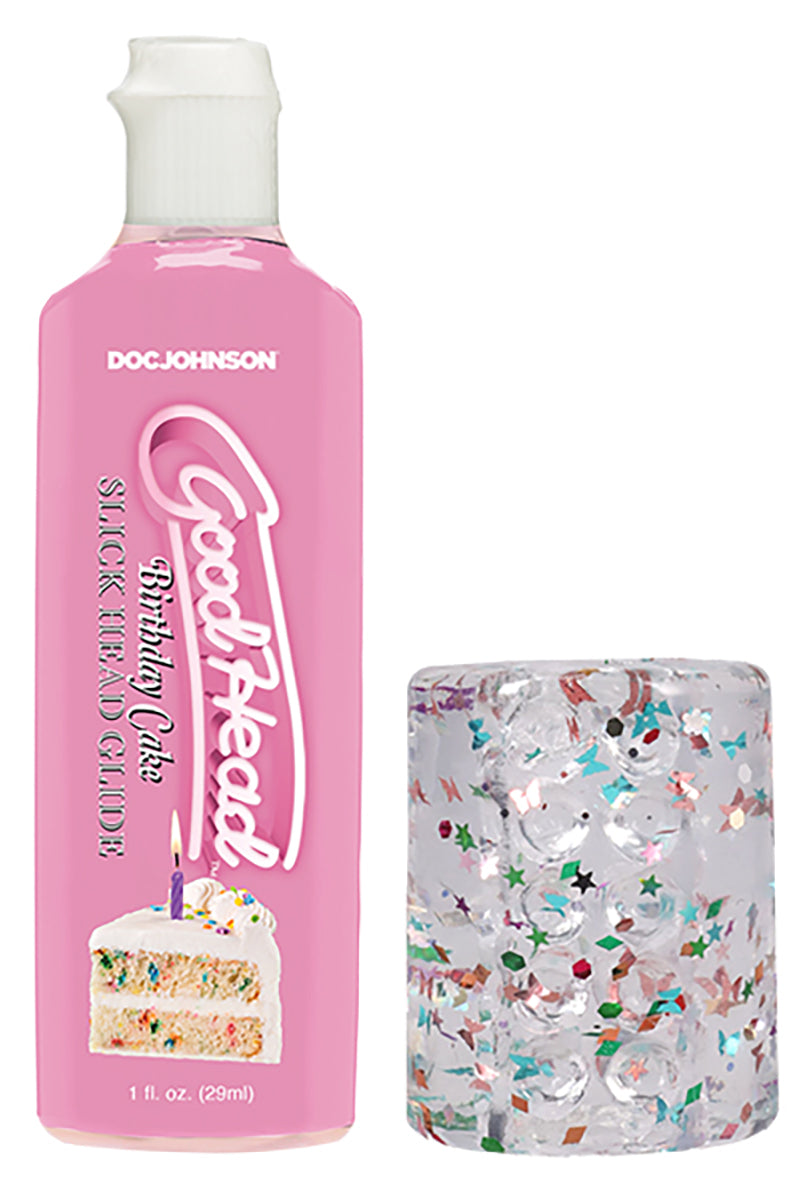 Pink GoodHead Birthday Cake lube bottle next to clear confetti filled stroker sleeve