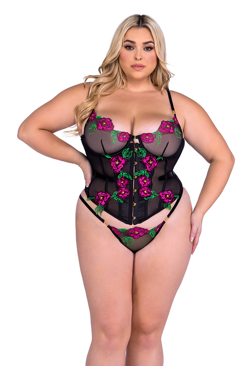 Roma Peony Paradise black mesh corset and panty set