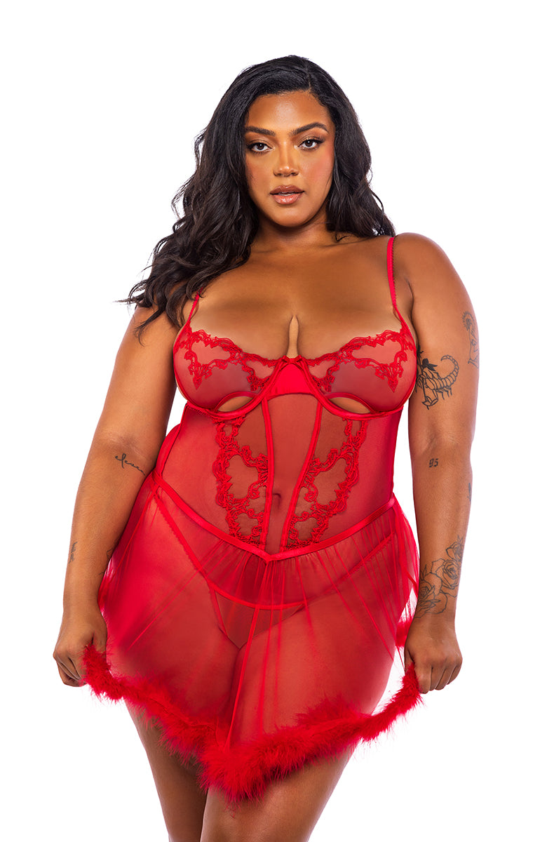 Roma Baroque Red Heart sheer red babydoll with marabou trim