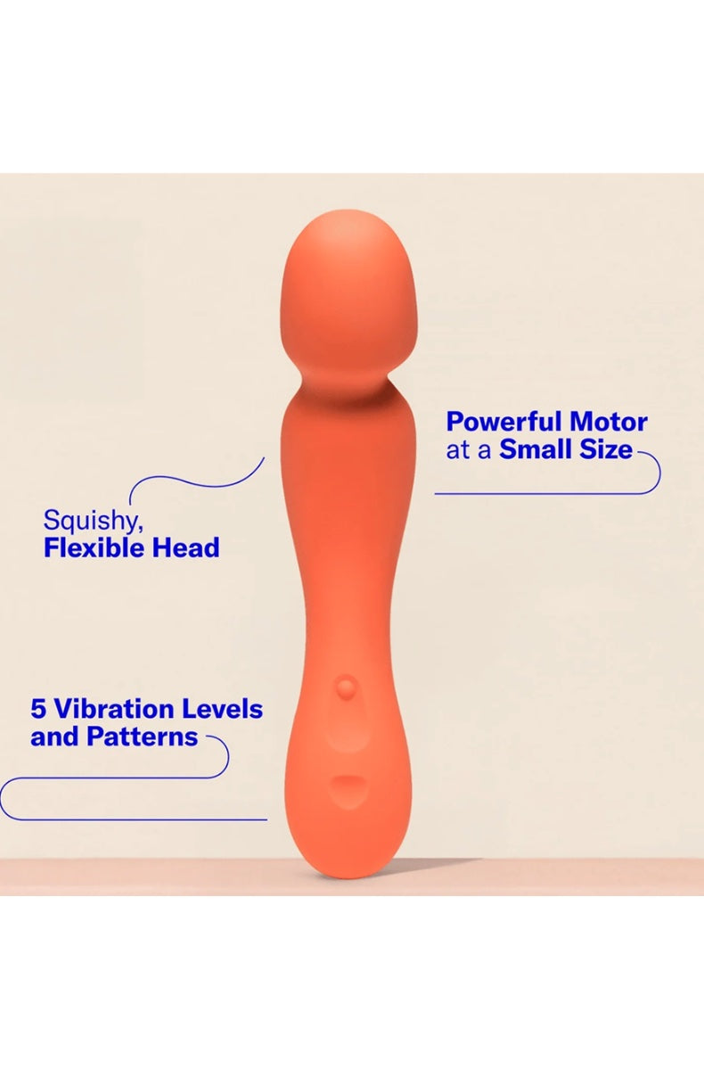 Back view of coral wand vibrator showing feature callouts for flexible head, motor, vibration levels