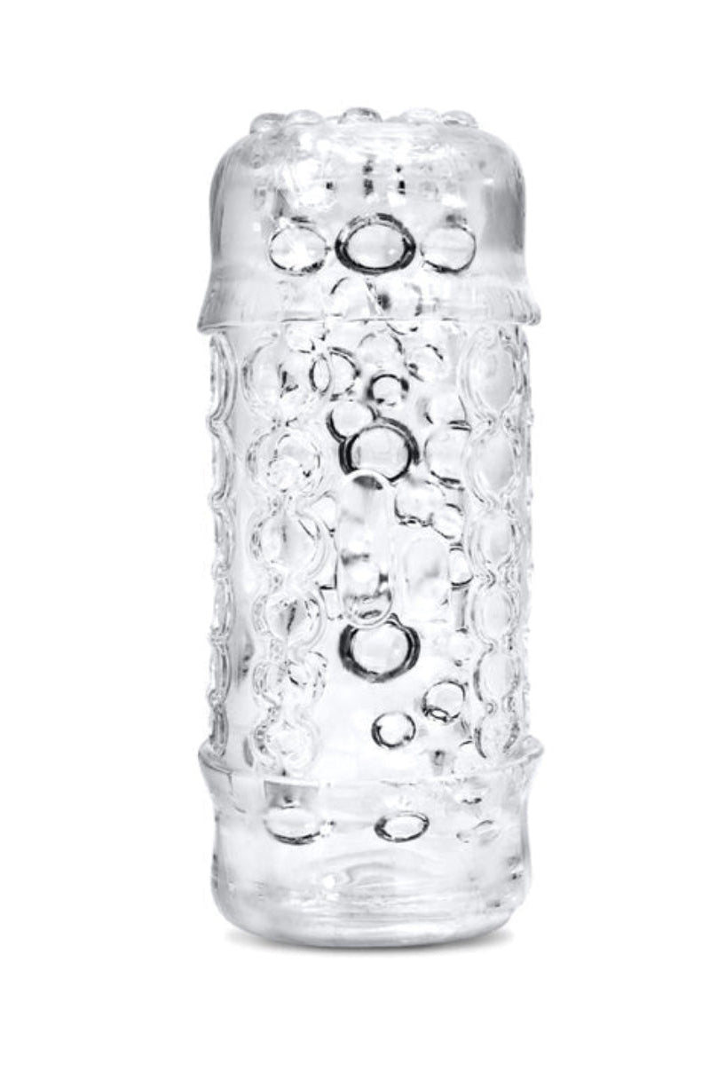 The Handy Mermaid Pearl sleeve, open-ended clear TPE with ring and pearl shaped bumps and indented rings