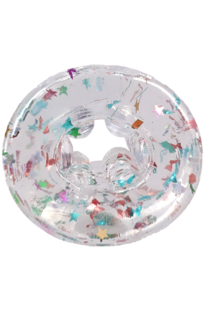 Top down view of clear confetti stroker showing open entry and textured inner ridges