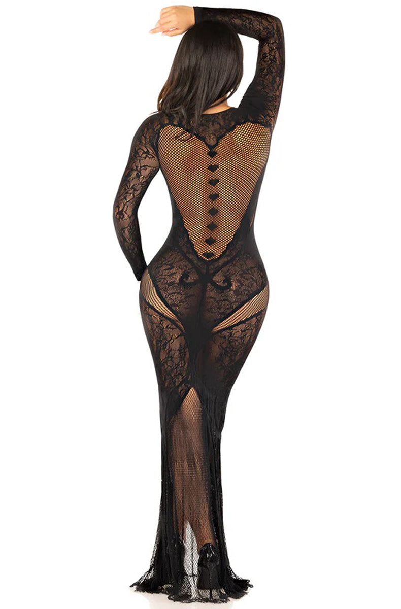 Leg Avenue black lace heart cutout bodystocking maxi gown
