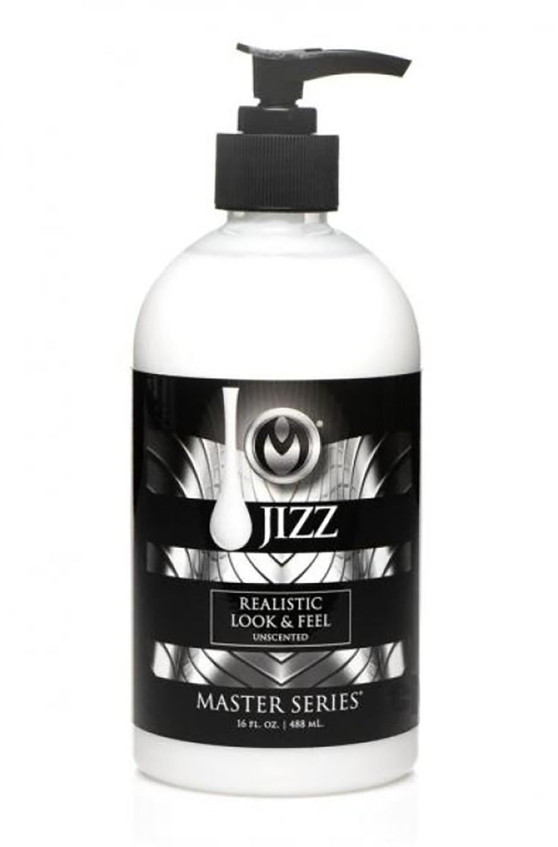 Master Series Jizz unscented water based lube, 16 fl oz pump bottle with white creamy fluid behind a black art-deco label.