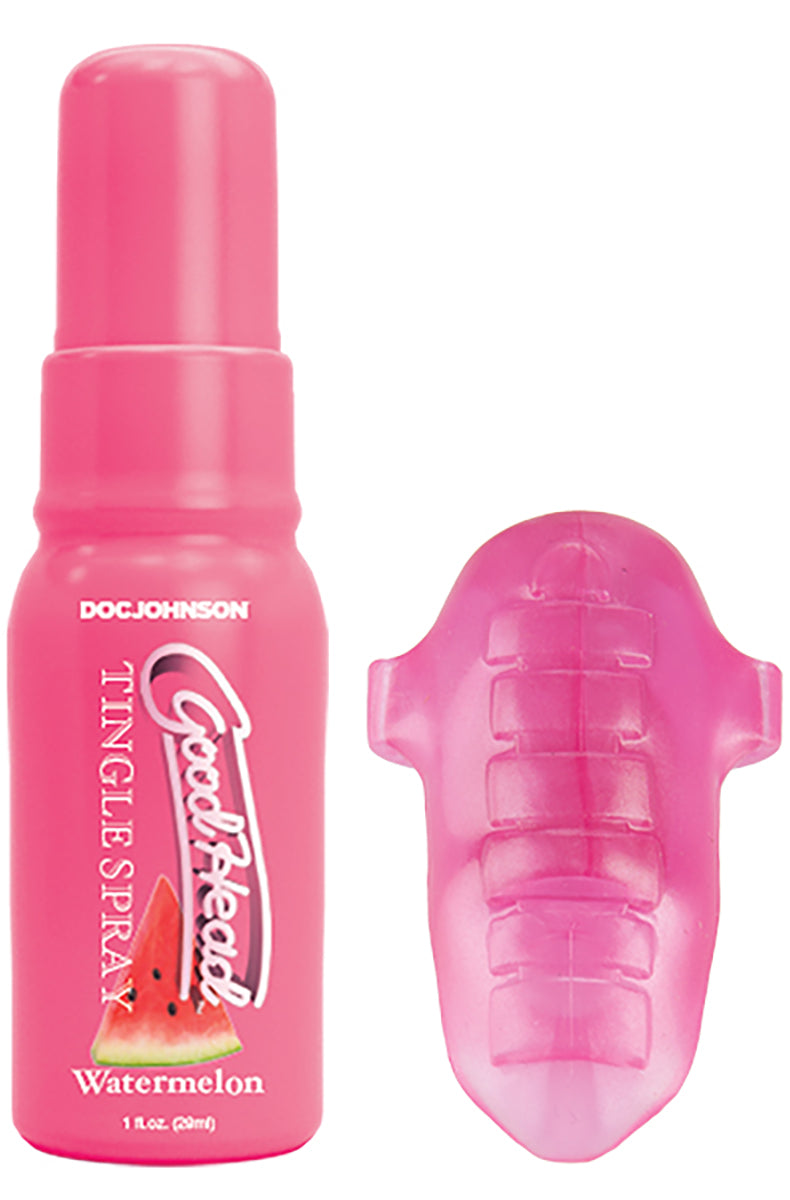 Pink Watermelon Tingle Spray bottle next to the pink ribbed soft TPE vibrating tongue ring on a white background.