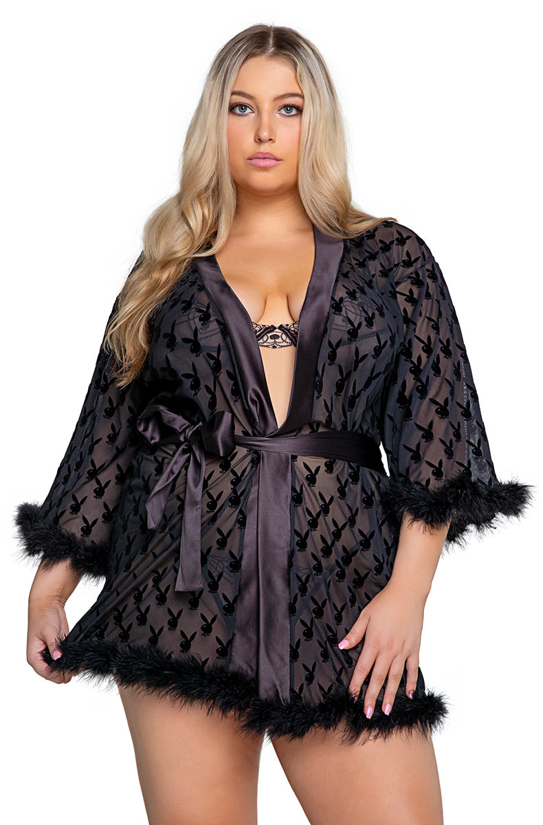 Roma Playboy Bunny Noir black mesh marabou robe