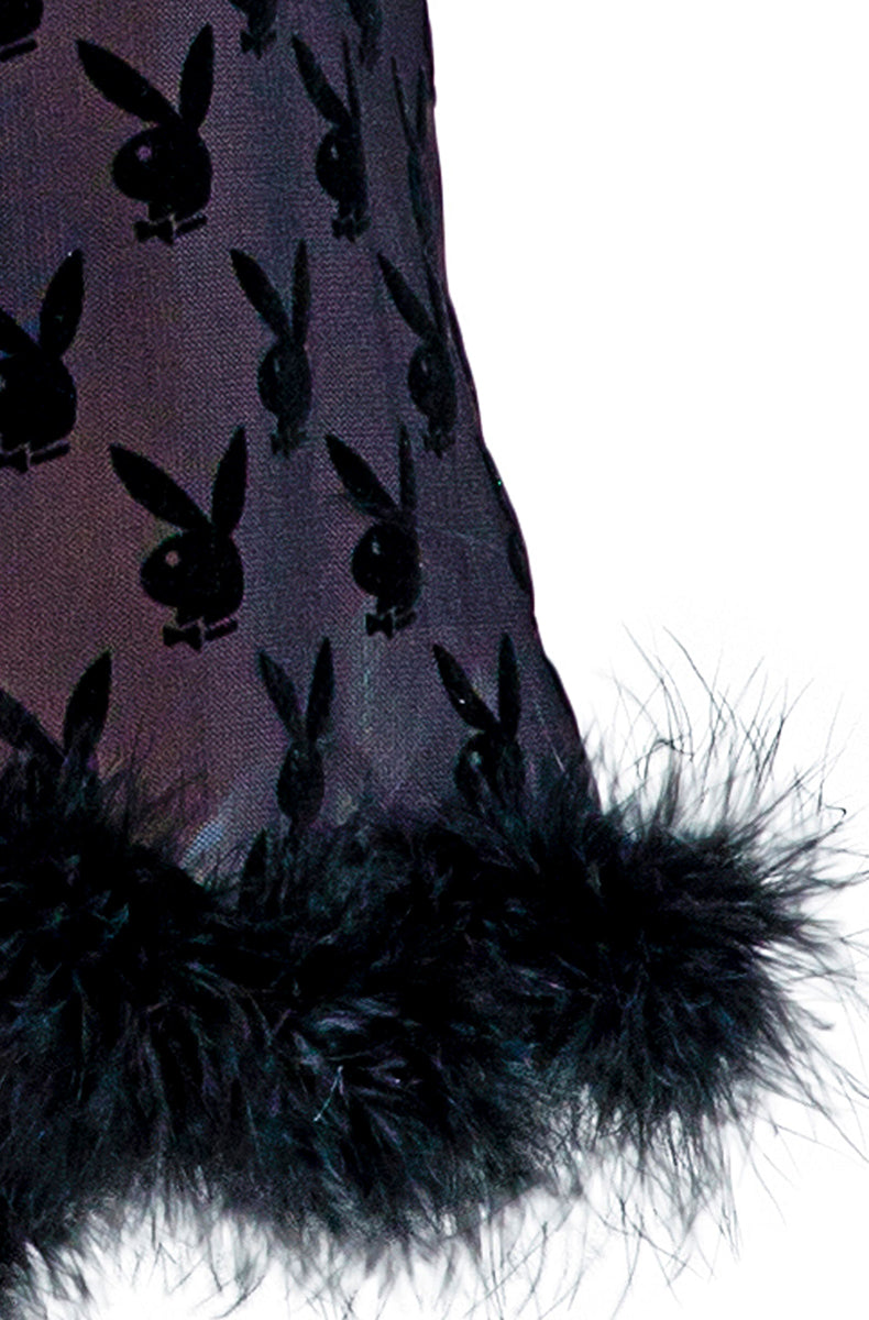 Roma Playboy Bunny Noir black mesh marabou robe