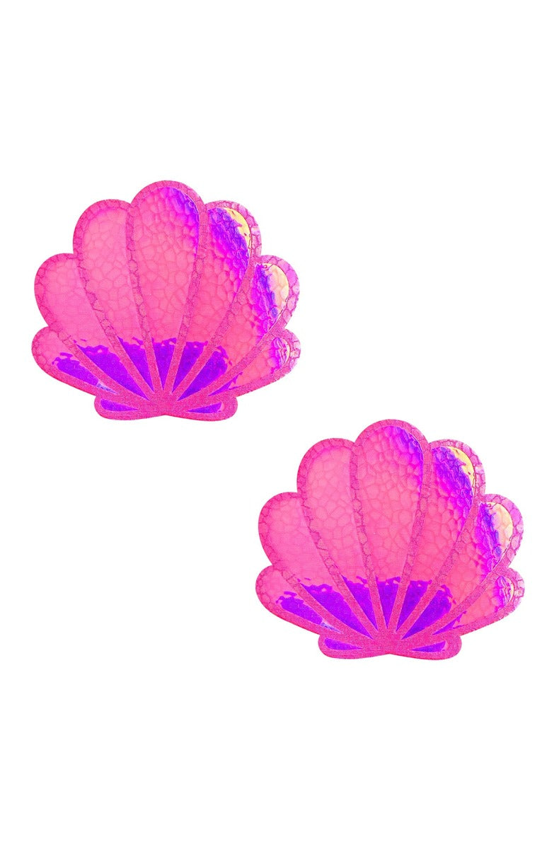 Pair of mermaid seashell nipple pasties in hot pink and purple with an iridescent holographic crackle finish, on white.