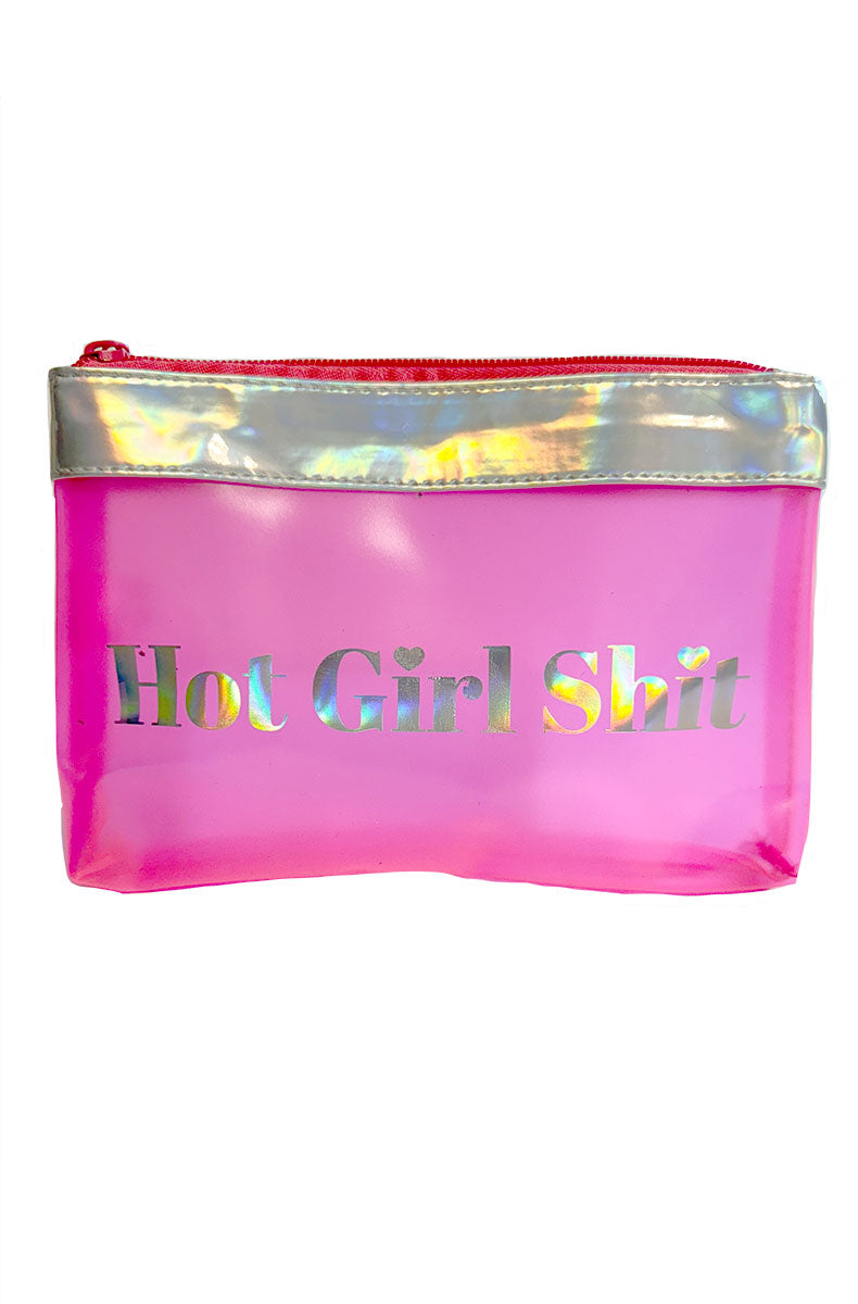 Close-up of pink holographic drawstring pouch with Hot Girl Shit text on the front.