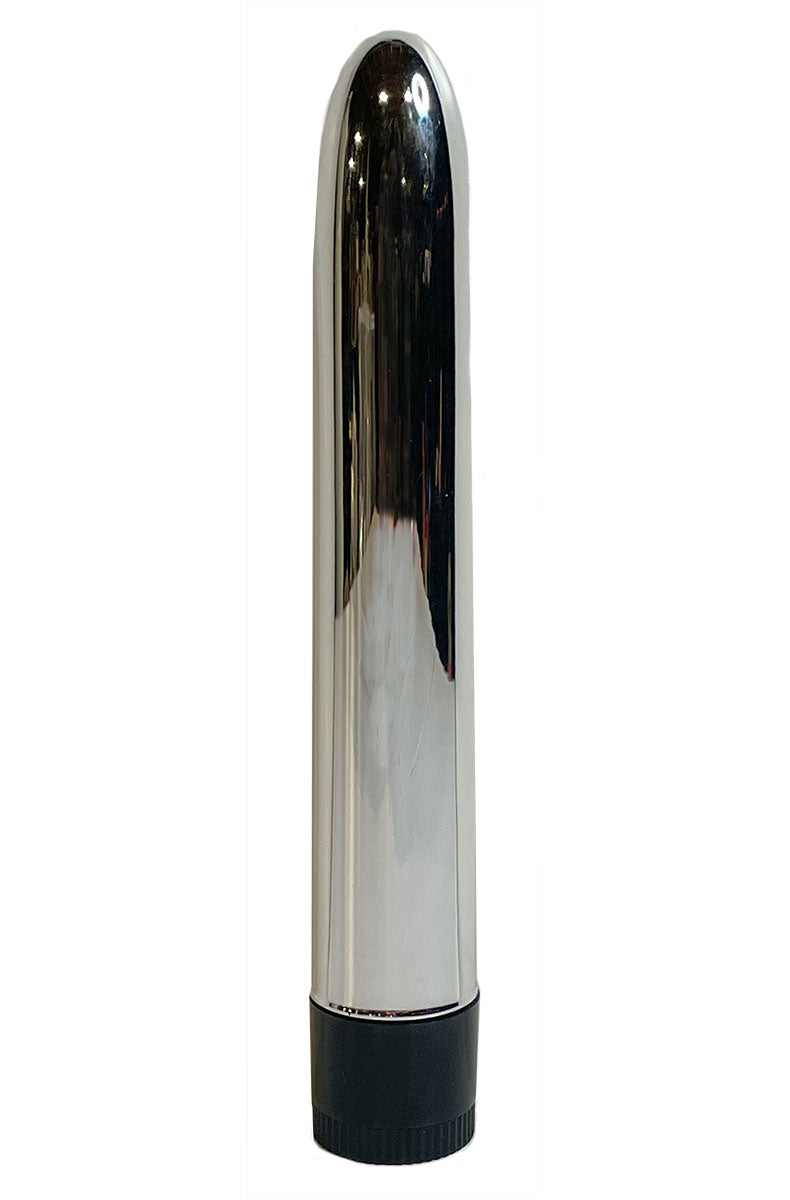 Detail view of silver bullet vibrator with smooth metallic finish and button base.