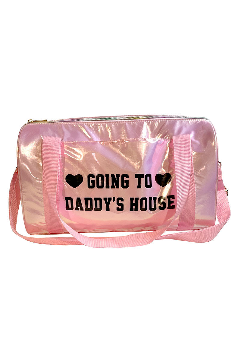 Front view of the pink iridescent Going To Daddy's House duffle bag with black block lettering and heart icons.