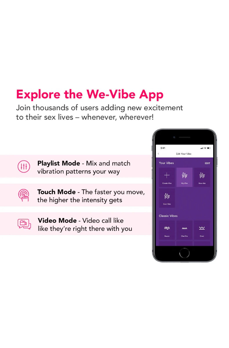 We-Vibe app interface showing playlist mode, touch mode, and video call features