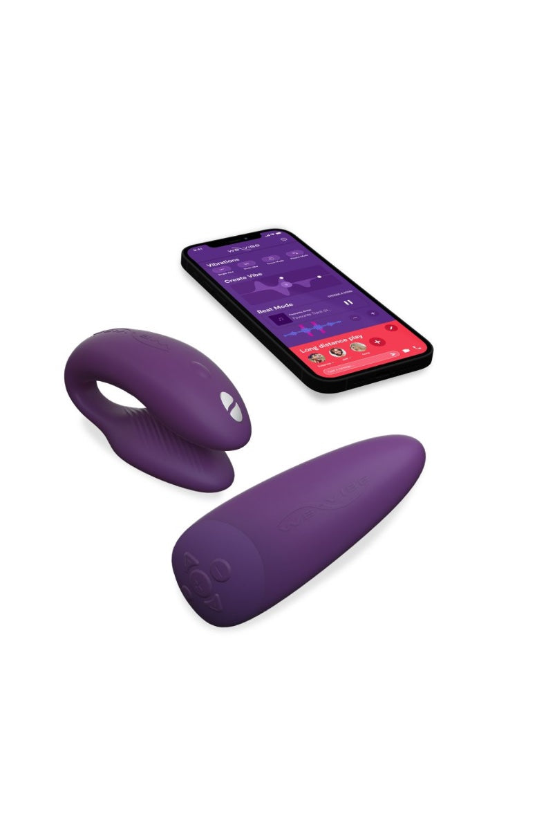 Purple couples vibrator with smartphone displaying We-Connect app interface in purple and pink