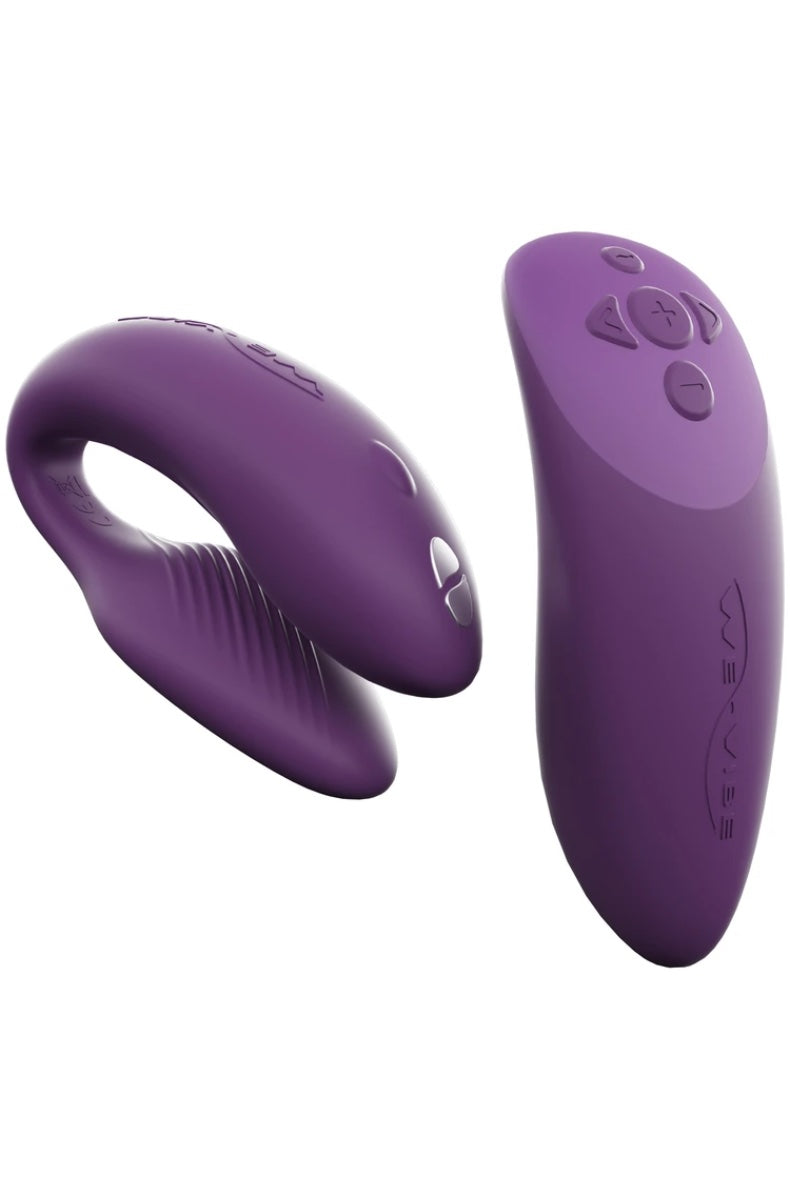 Two views of purple couples vibrator showing C-shape and accompanying teardrop-shaped remote control