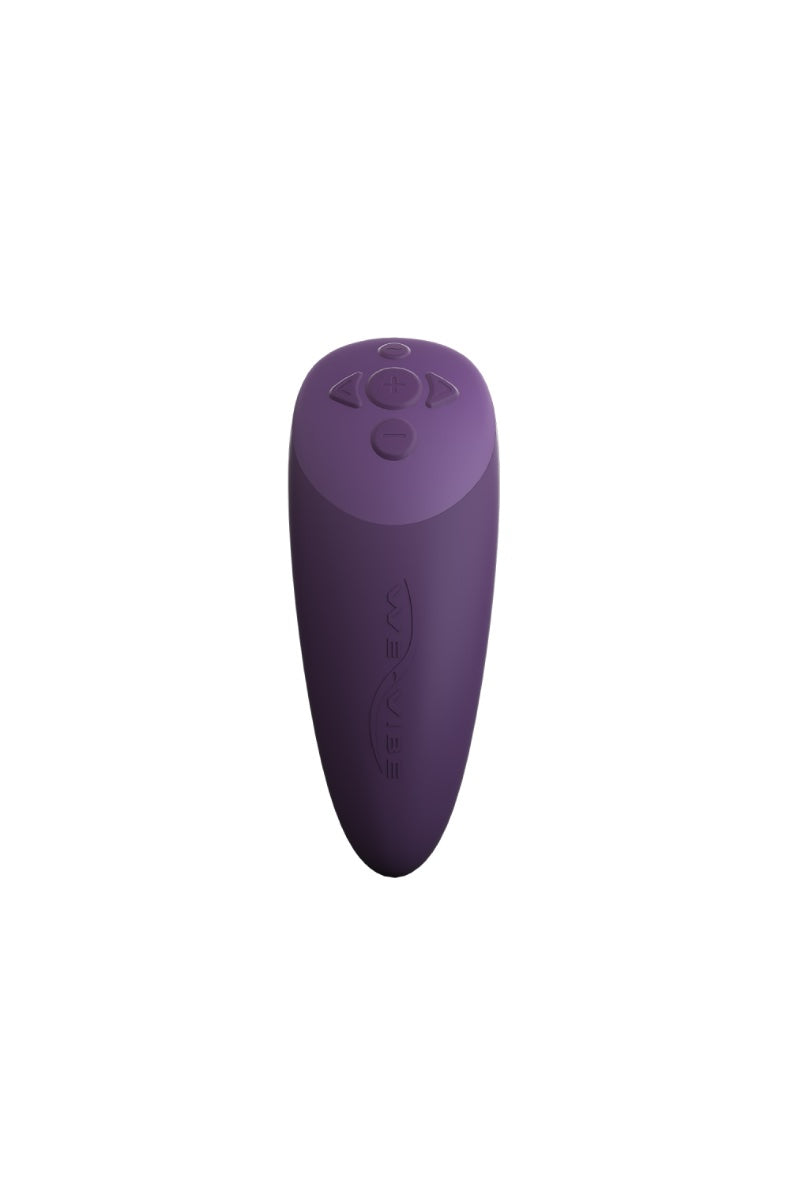 Close-up of teardrop-shaped purple remote control showing directional pad and power button