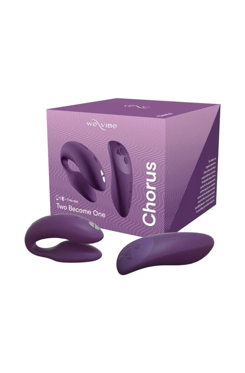 Purple retail box with We-Vibe Chorus branding showing product images on cube-shaped packaging