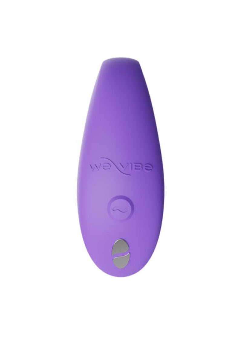 Close-up of purple vibrator arm showing We-Vibe logo and control buttons