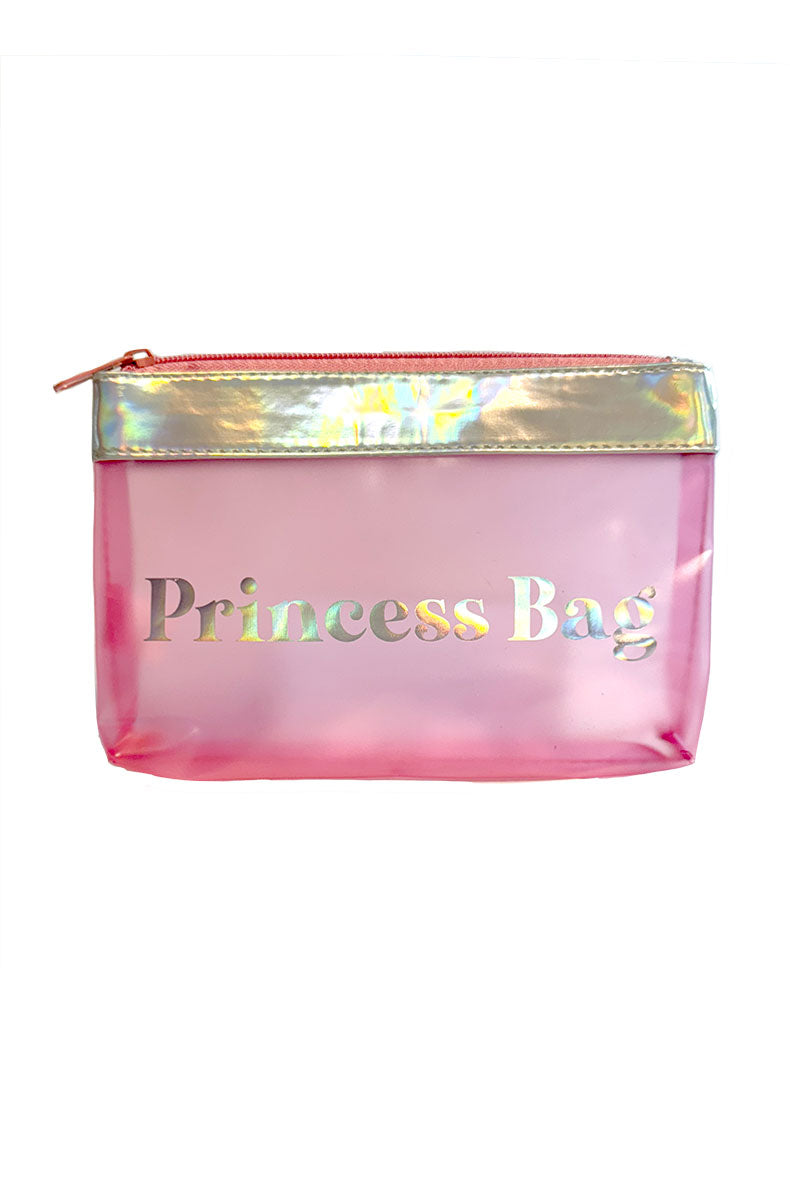 Close-up of pink holographic drawstring pouch with Princess Bag text on the front.