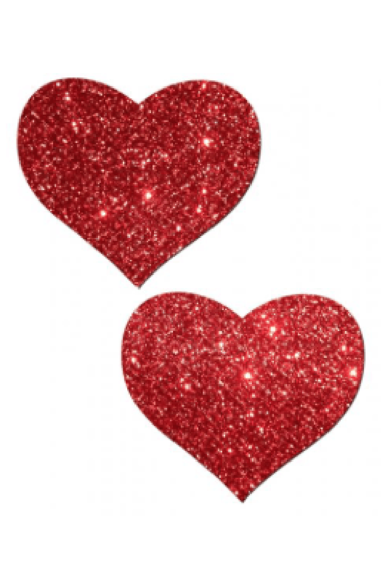 Two heart-shaped pasties cut from chunky red glitter material.