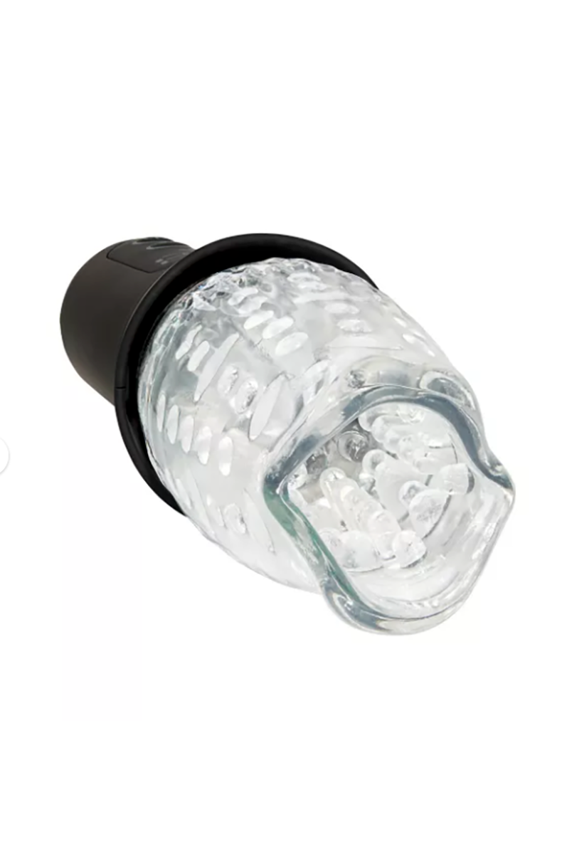 Close-up of The Male Rose Pro clear cup showing the mouth-shaped opening and internal pleasure nubs
