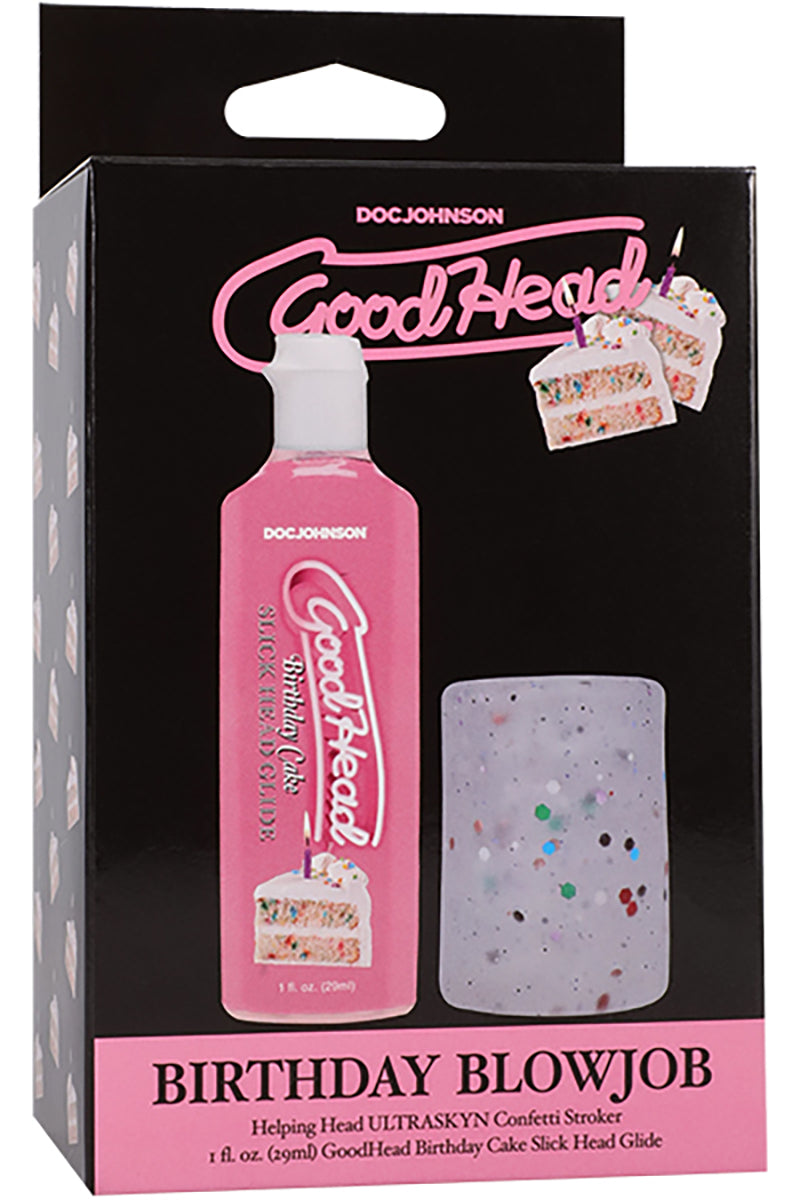 GoodHead Birthday Blowjob Kit retail box with pink lube bottle and confetti stroker visible
