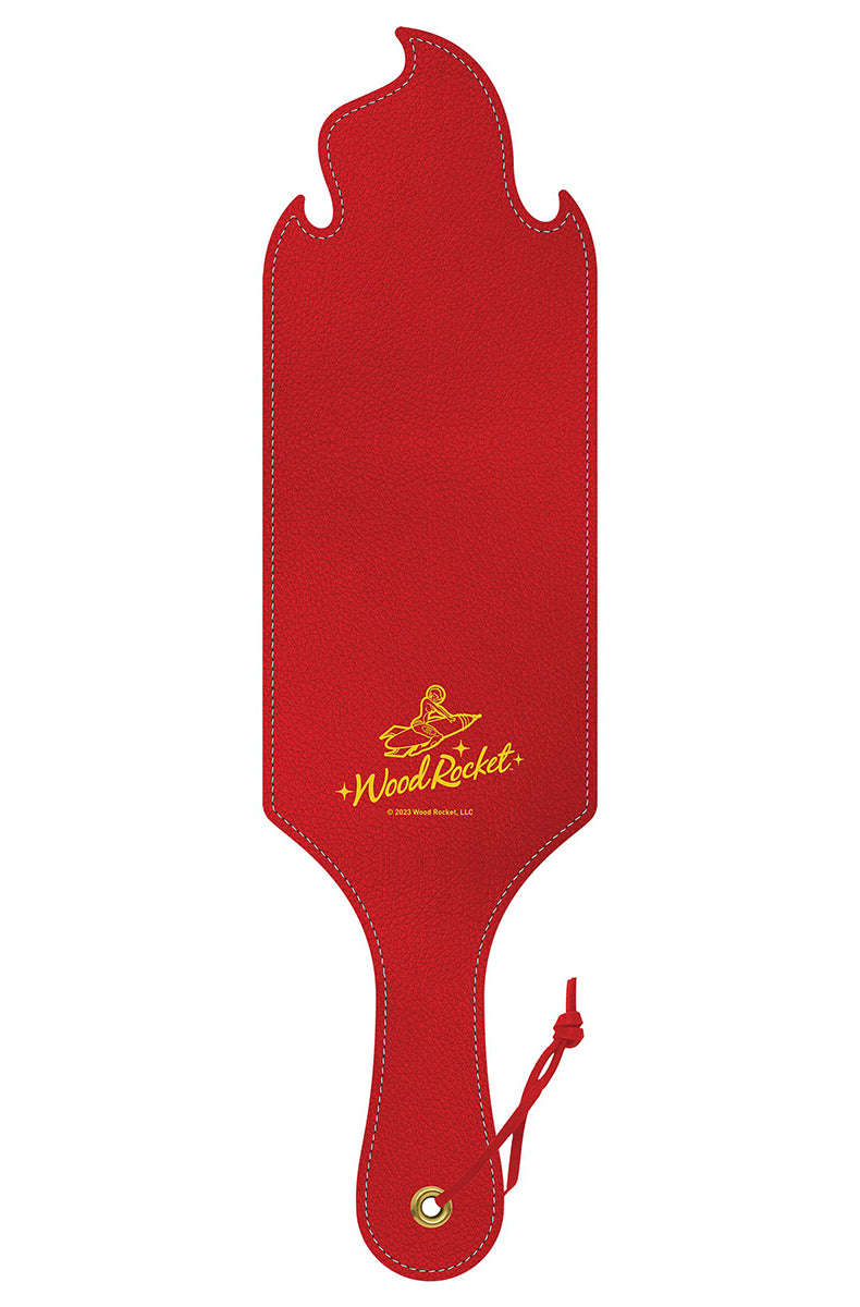Back view of the red flame-cut paddle showing a small Wood Rocket logo in yellow on a plain red surface.
