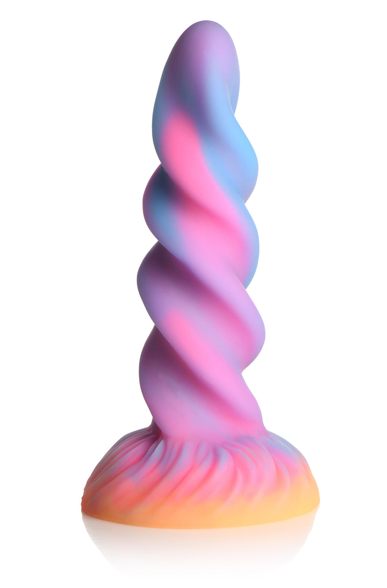 Glow silicone unicorn dildo, spiral twisted horn shaft in pink, purple, blue on an orange flared suction base.