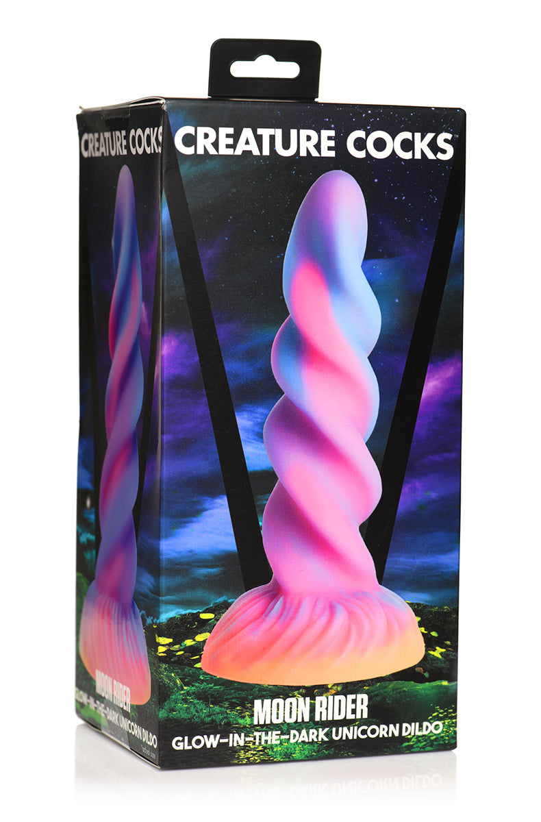 Unicorn horn glow silicone dildo glowing green in the dark.