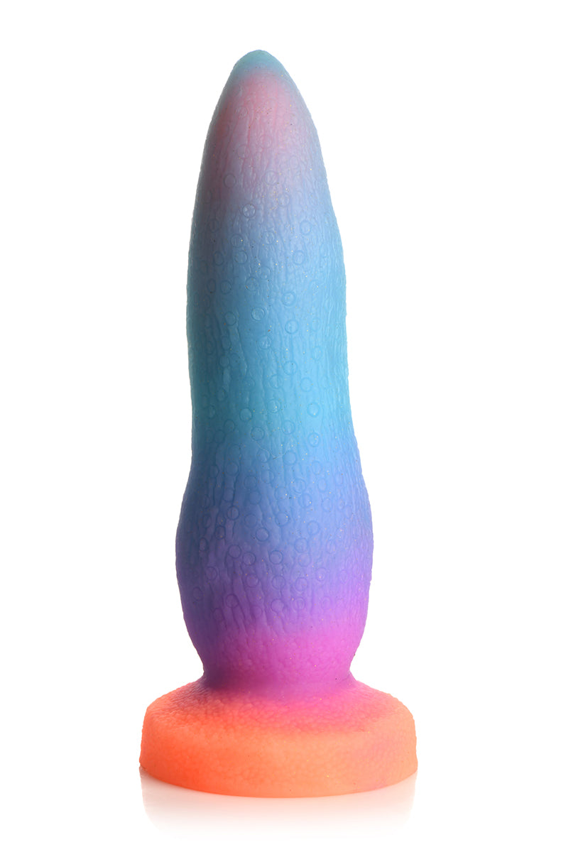 Glow Tentacle silicone dildo at an angle, tapered tip and bumpy shaft.