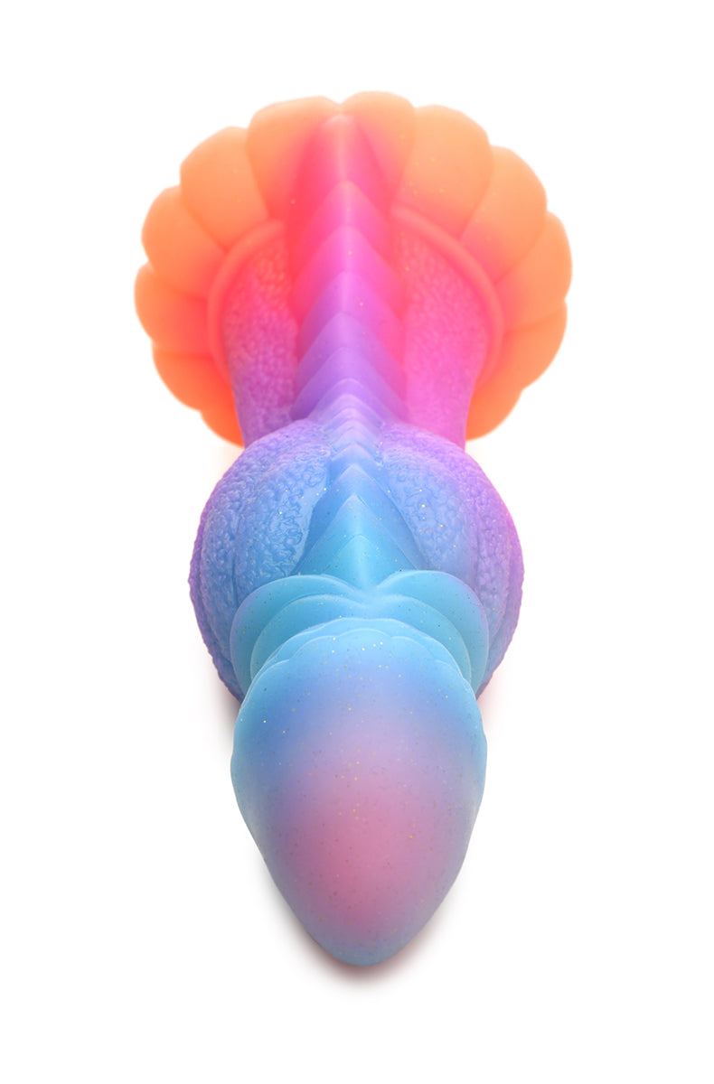 Galactic Alien glow silicone dildo, close-up of fantasy bumps and ridges.