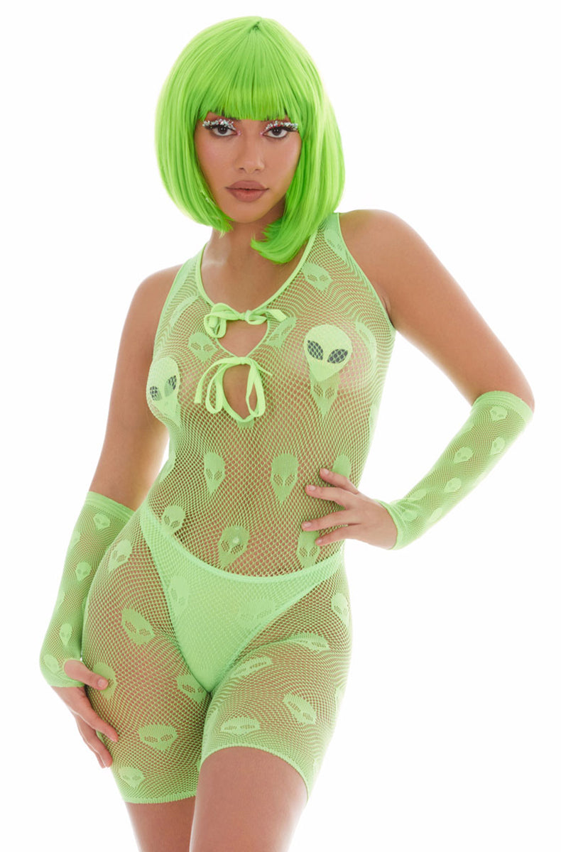 Neon-green fishnet long-leg bodystocking with allover alien-head cutout pattern, halter neck with front tie, and matching neon-green fishnet long-sleeve arm gloves.
