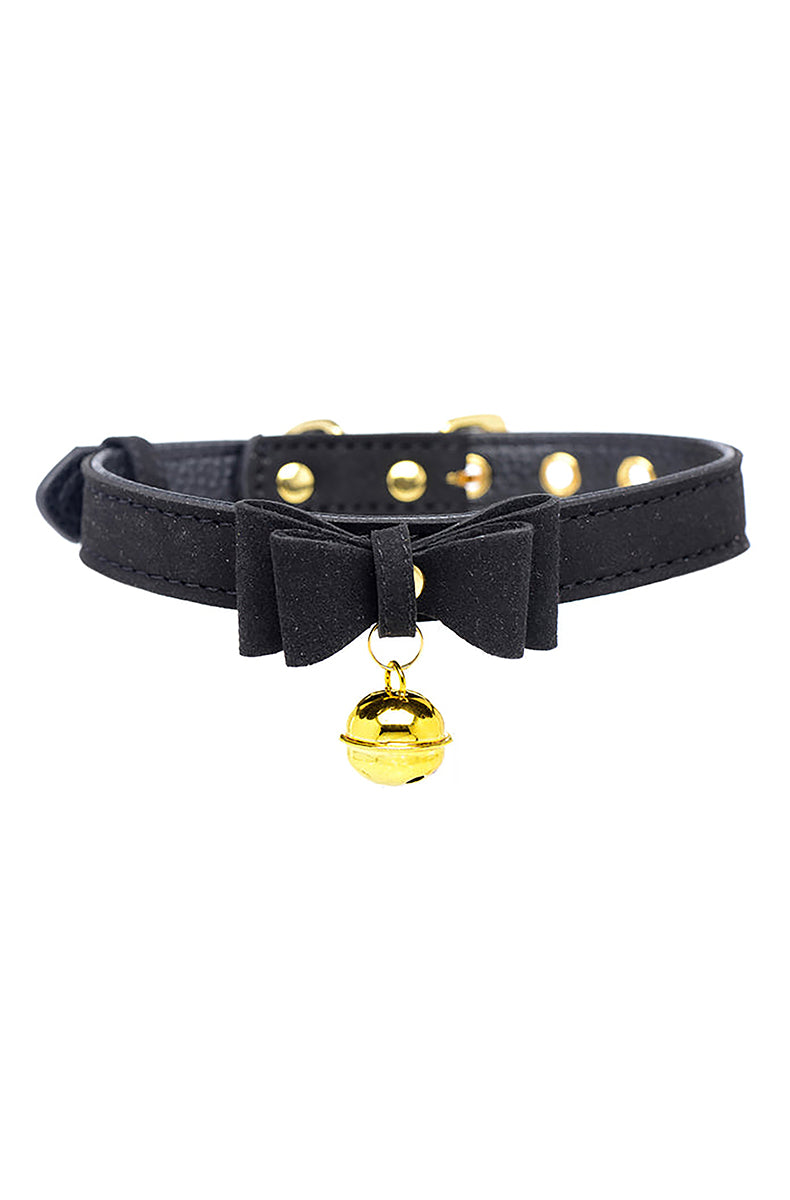 Black suede-finish vegan leather collar with a small black bow at the front and a gold-tone jingle bell hanging below.