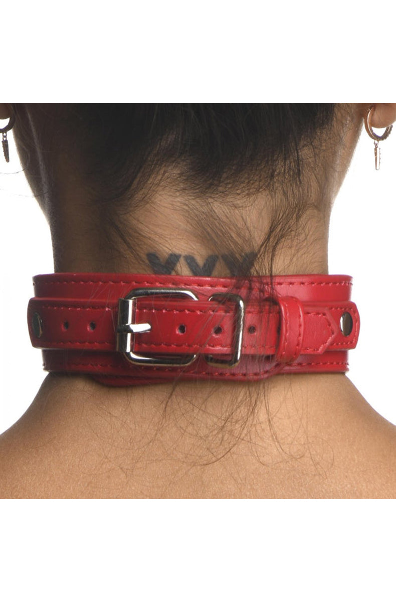 Alternate back view of the red BDSM chest harness on a model.