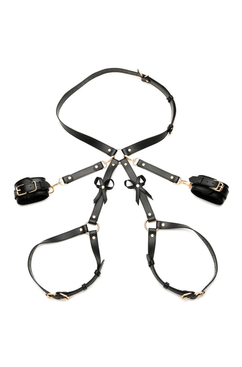 Second view of the XR black PU faux leather BDSM harness with bows.