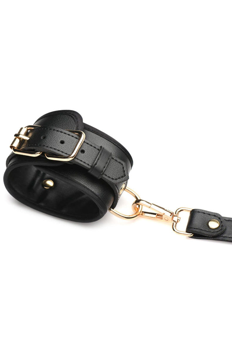 Second view of the XR black PU faux leather BDSM harness with bows.