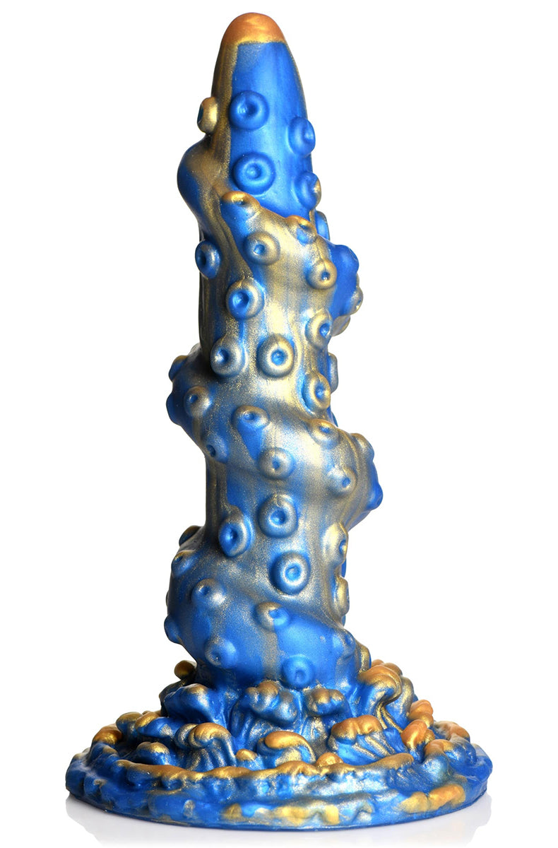 Blue and gold silicone tentacle dildo with twisted spiral shaft, rows of suckers, and flared round suction base.