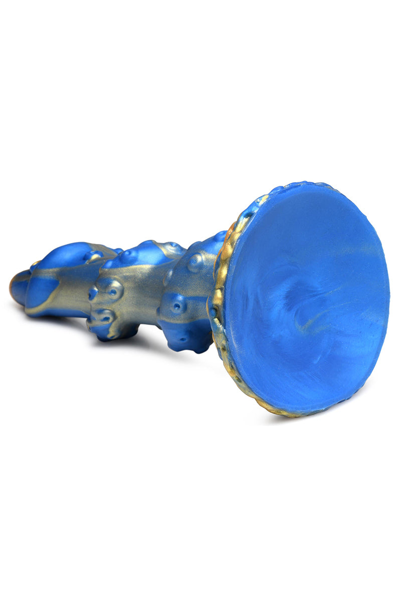 Top angle of blue and gold tentacle silicone dildo showing tip.