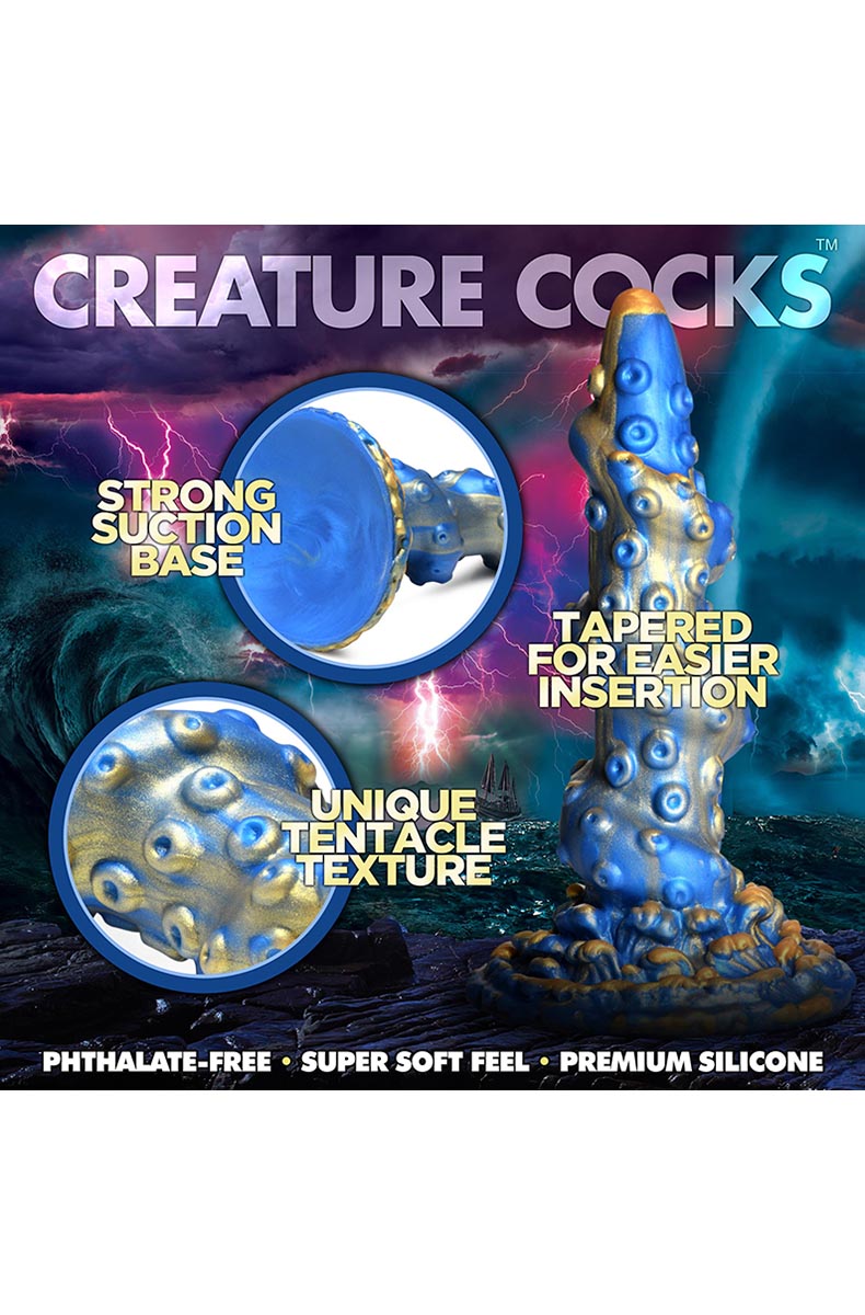 Blue and gold tentacle silicone dildo, close-up of metallic finish and suckers.