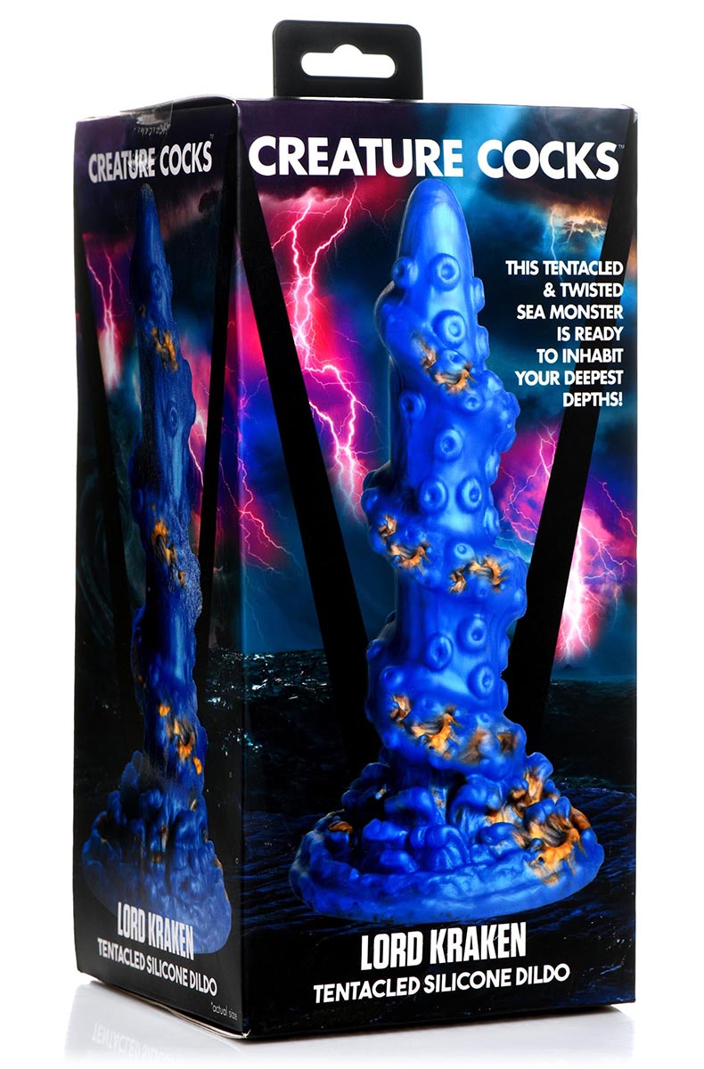 Blue and gold tentacle silicone dildo retail packaging.