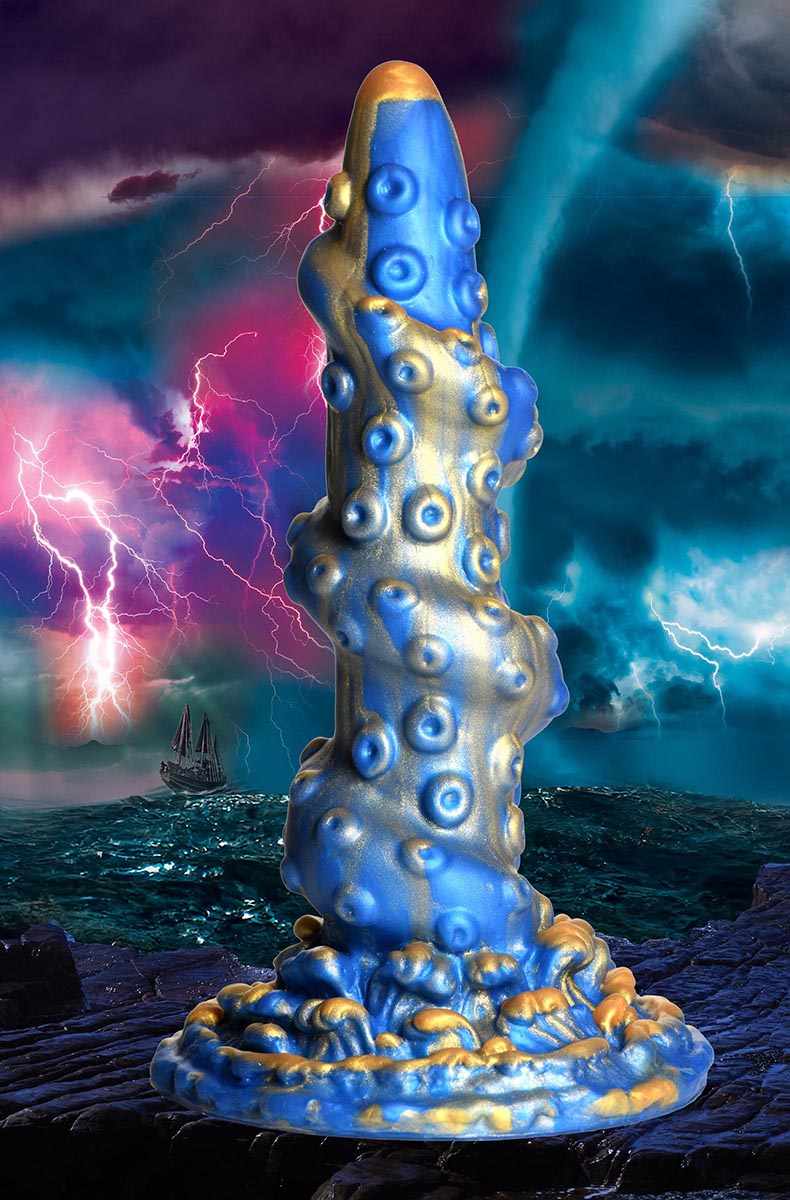 Front view of blue and gold tentacle silicone dildo on suction-cup base with waves at the base.