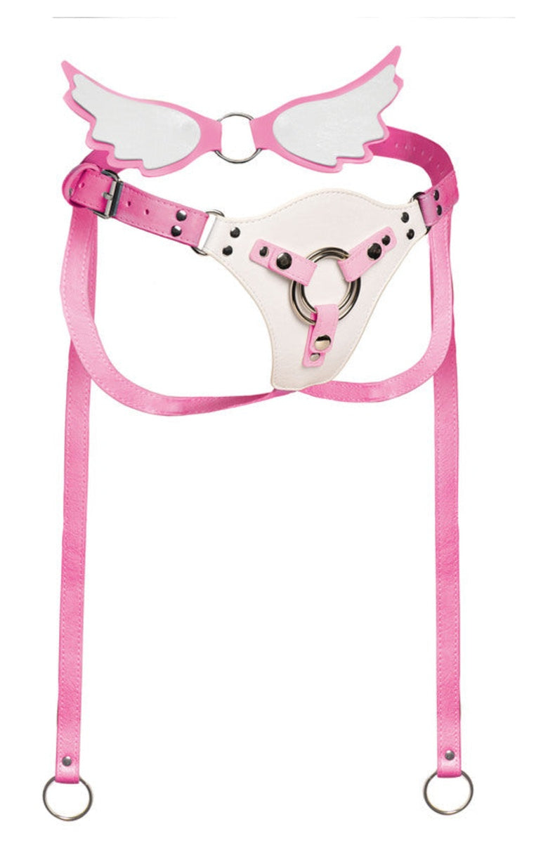 Harness laid flat showing the angel wing panels, the front O ring and the two adjustable thigh straps