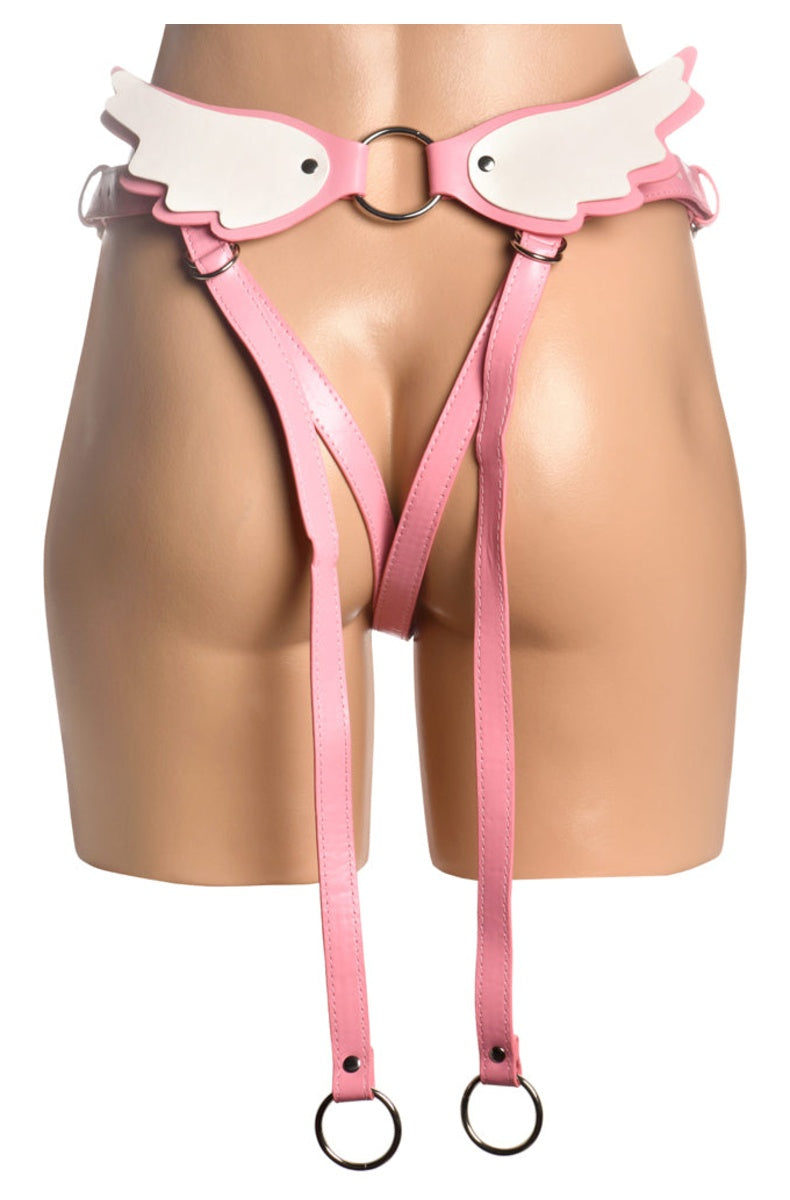 Front view on a display torso with the thigh straps hanging loose, showing the adjustable hardware