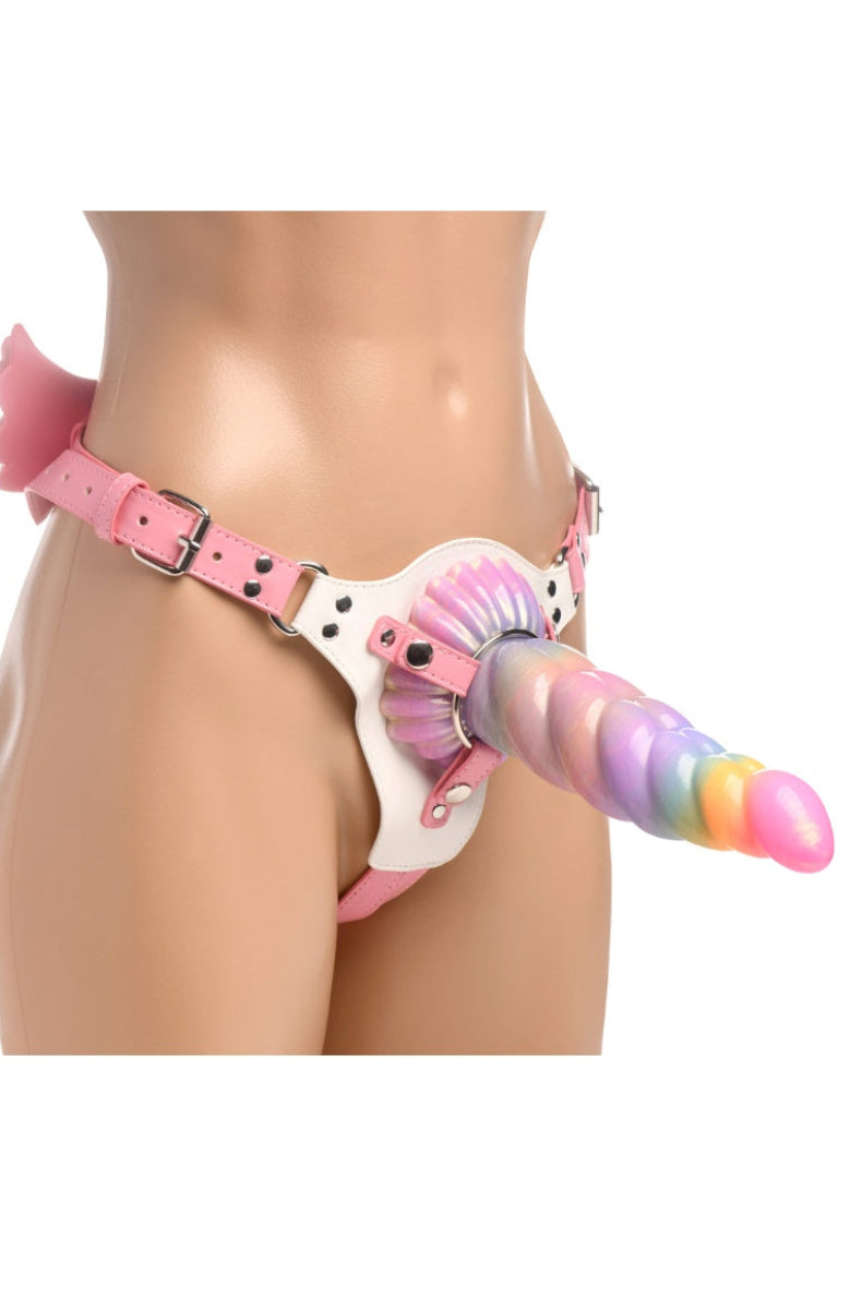 Harness worn with the pastel twisted horn unicorn dildo fitted in the O ring, sold separately