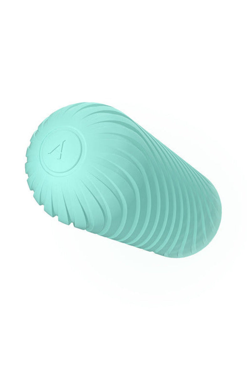 Arcwave Ghost mint stroker on its side showing the spiral ribbed surface and A logo end