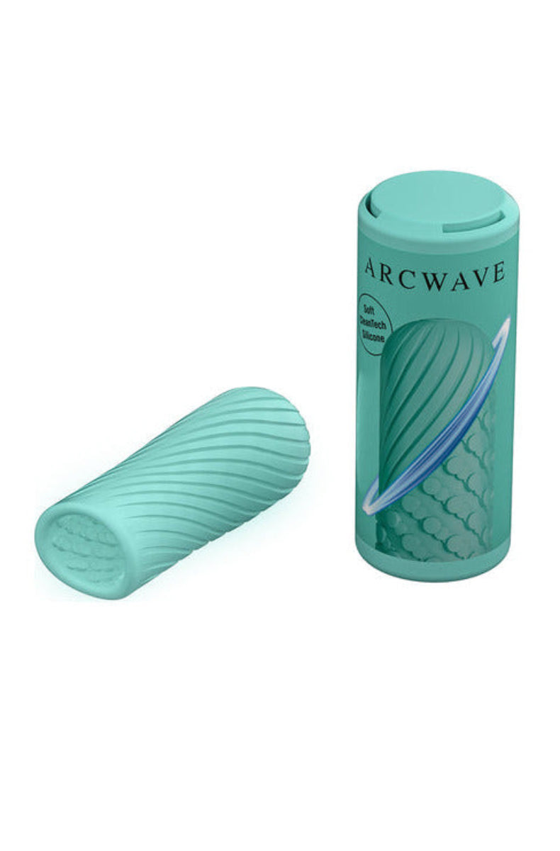 Arcwave Ghost mint silicone stroker beside its mint storage case