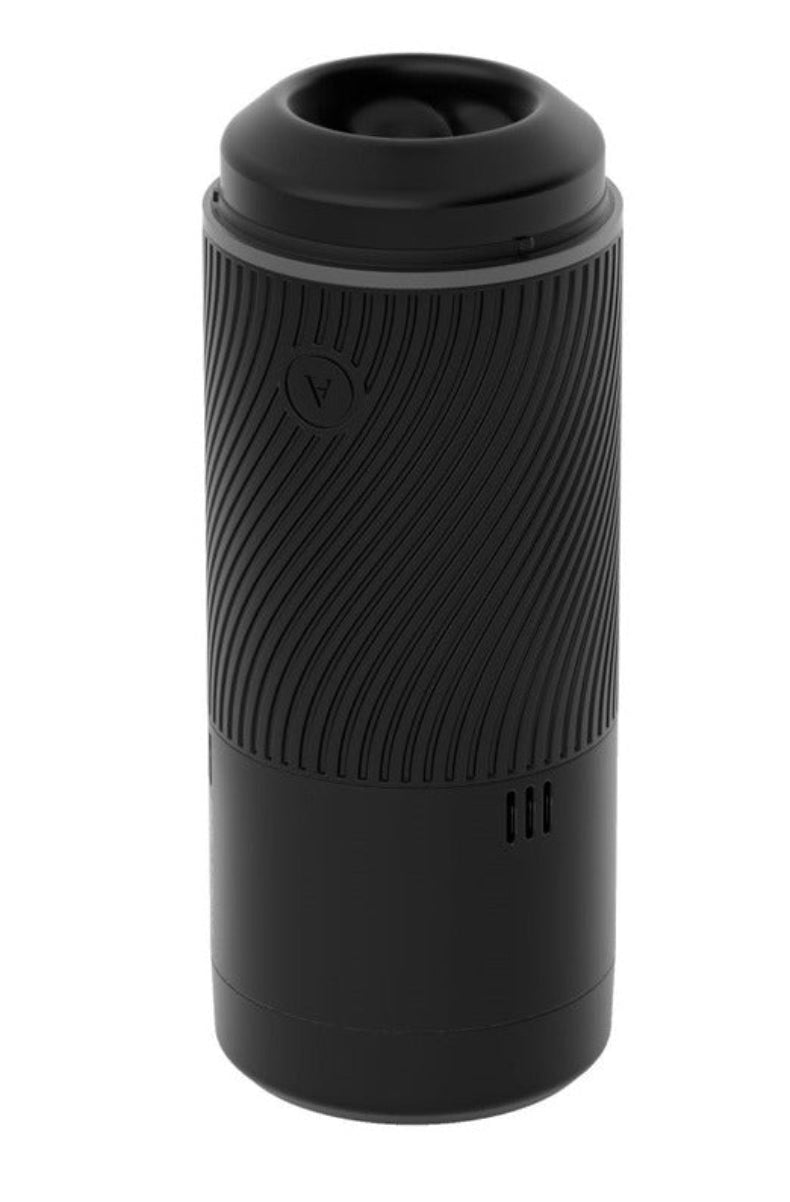 Arcwave Pow black silicone stroker standing upright with the quick-dry ventilation lid on top