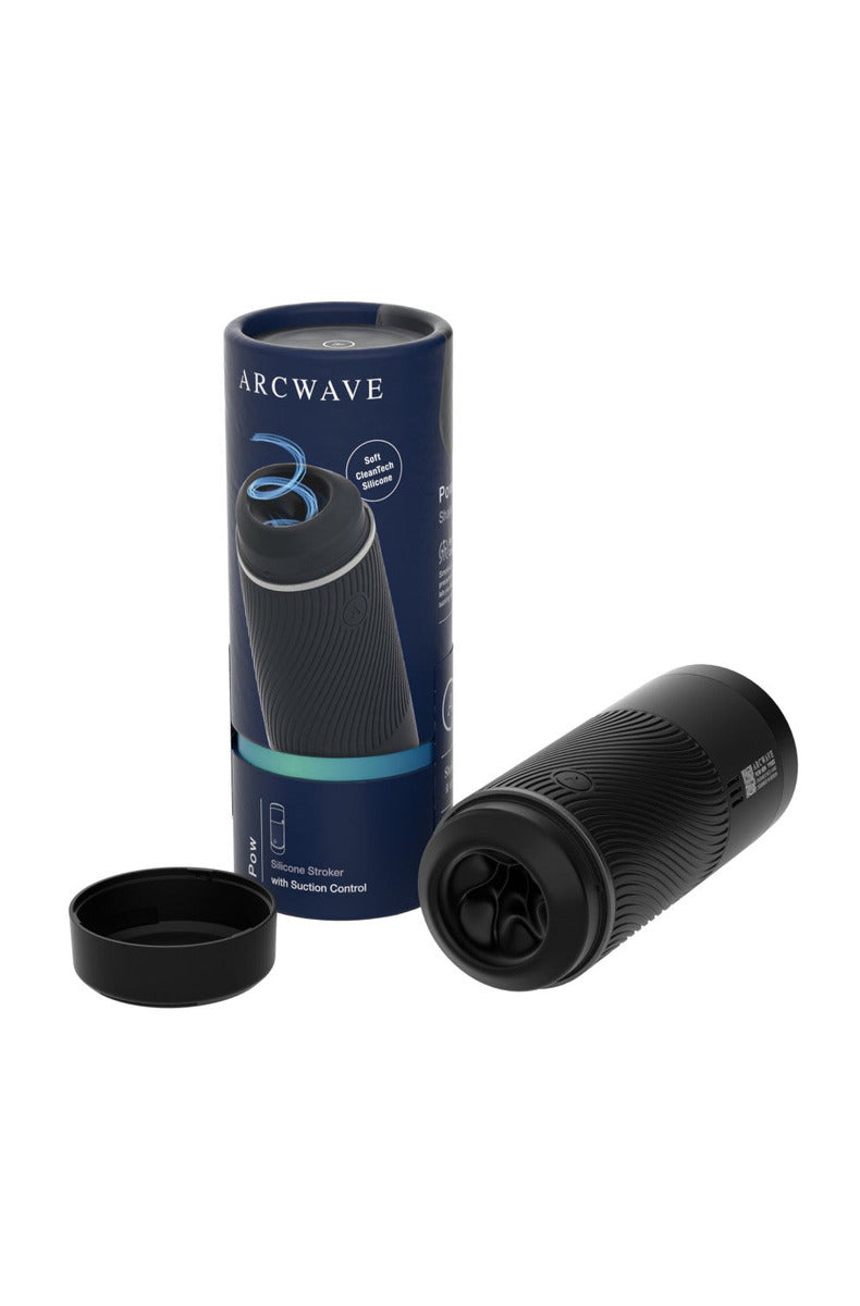 Arcwave Pow silicone stroker next to its blue tube packaging with the ventilation lid removed